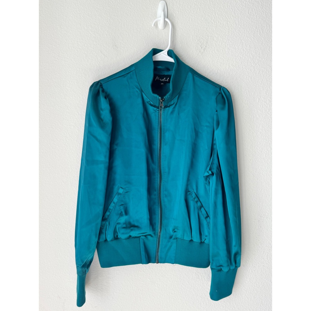 Marled Emerald Green Satin Puff Shoulder Bomber Jacket Womens Medium Full Zip